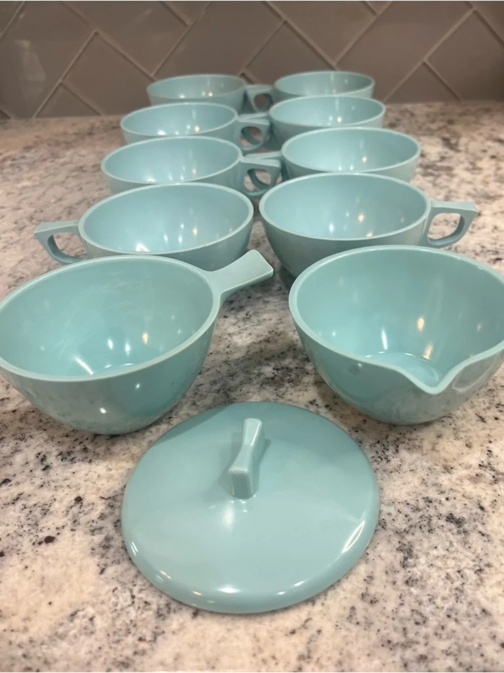 Vintage Stetson Melmac Mugs, Creamer and Sugar Bowl Set - Robin's Egg Blue 11 Pc